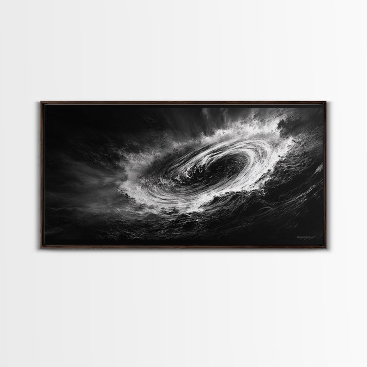 Ocean Vortex, Dramatic Waves, Sea Swirl, Storm Art, Framed Canvas Print, dark abstract art, gaming room decor, black and white power art