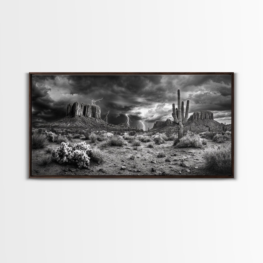 Desert Storm Scene, Lightning Landscape, Southwest Art, Dramatic Skies, Framed Canvas Print, Western Wall Art, Rustic Living Room Decor