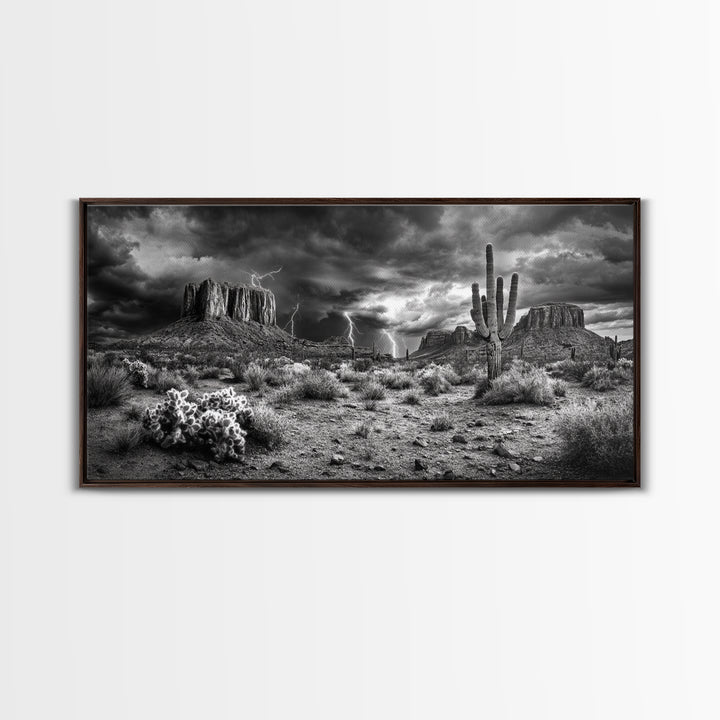 Desert Storm Scene, Lightning Landscape, Southwest Art, Dramatic Skies, Framed Canvas Print, Western Wall Art, Rustic Living Room Decor