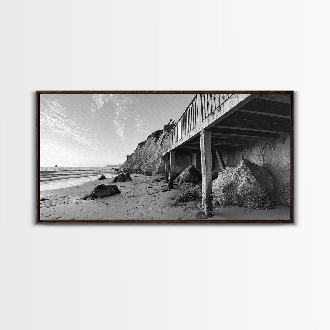 Coastal Cliff View, Seaside Escape, Beachside Structure, Framed Canvas Print, Rustic Wall Art, Modern Coastal Living Room Decor