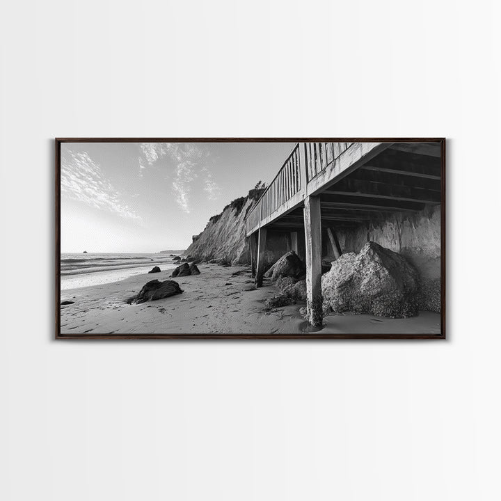 Coastal Cliff View, Seaside Escape, Beachside Structure, Framed Canvas Print, Rustic Wall Art, Modern Coastal Living Room Decor