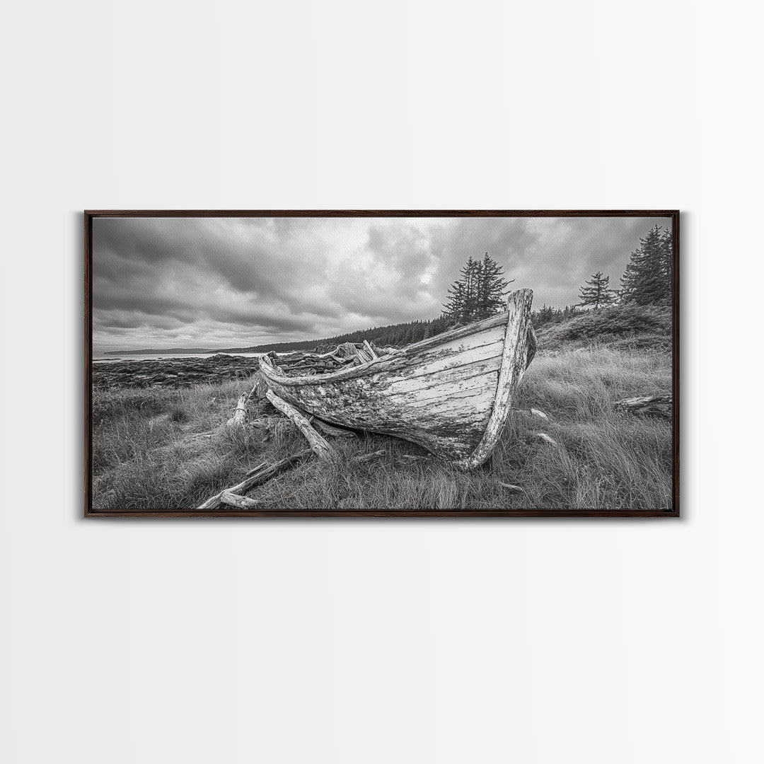 Abandoned Boat, Weathered Vessel, Coastal Forest, Framed Canvas Print, Farmhouse Wall Art, Rustic Cabin Decor, Autumn Vibe, Living Room Art