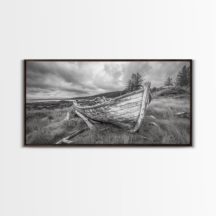 Abandoned Boat, Weathered Vessel, Coastal Forest, Framed Canvas Print, Farmhouse Wall Art, Rustic Cabin Decor, Autumn Vibe, Living Room Art