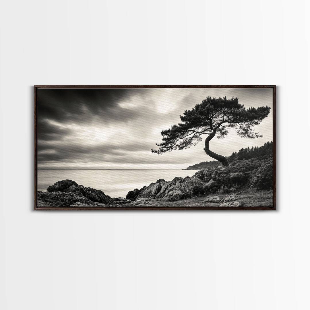 Coastal Tree, Windswept Cliff, Serene Horizon, Nature Escape, Framed Canvas Print, minimalist wall art, bedroom decor, zen nature print