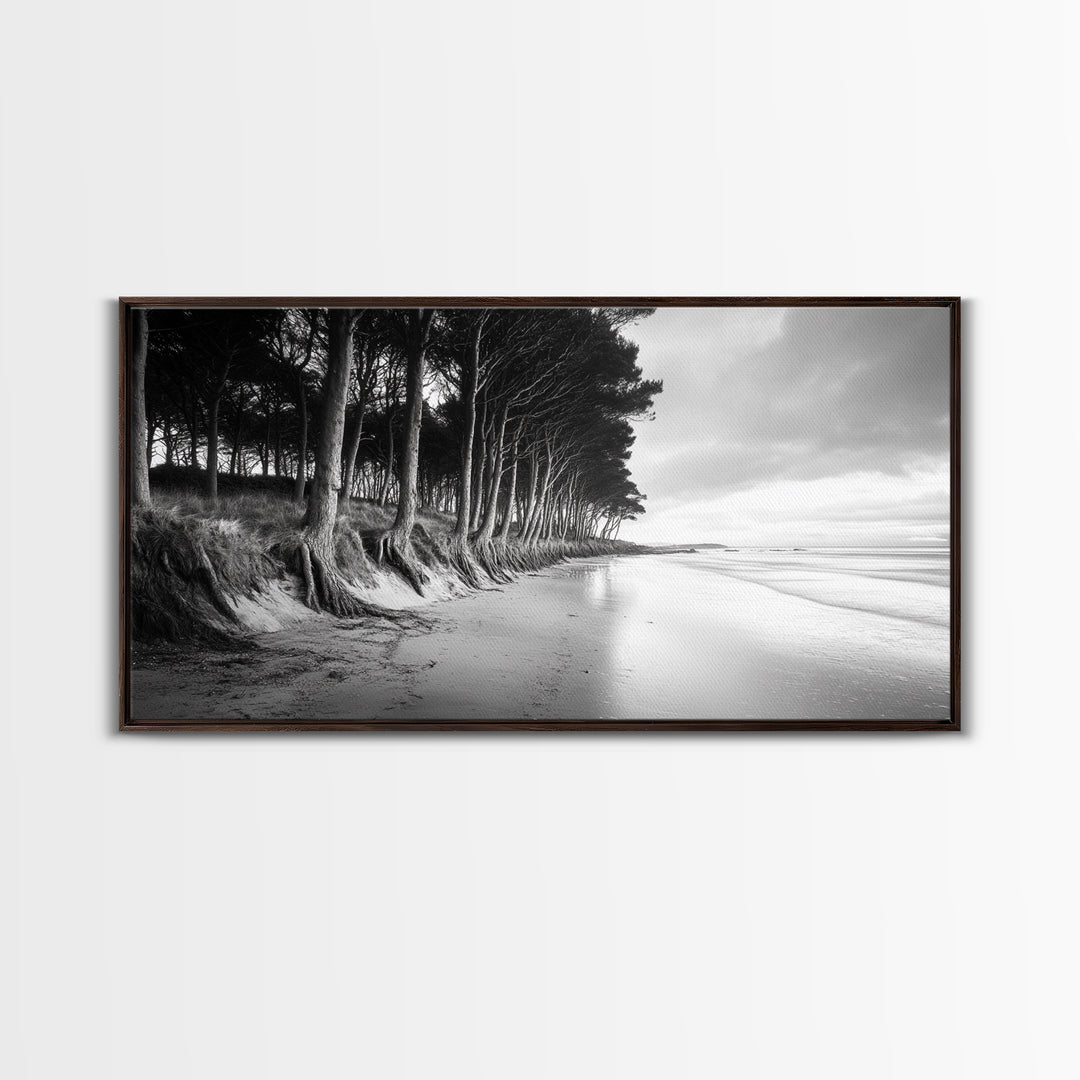 Pine Trees, Sandy Beach, Coastal Serenity, Driftwood Shore, Framed Canvas Print, neutral wall art, coastal rustic style, entryway landscape