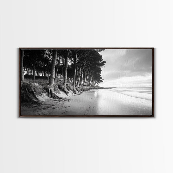 Pine Trees, Sandy Beach, Coastal Serenity, Driftwood Shore, Framed Canvas Print, neutral wall art, coastal rustic style, entryway landscape