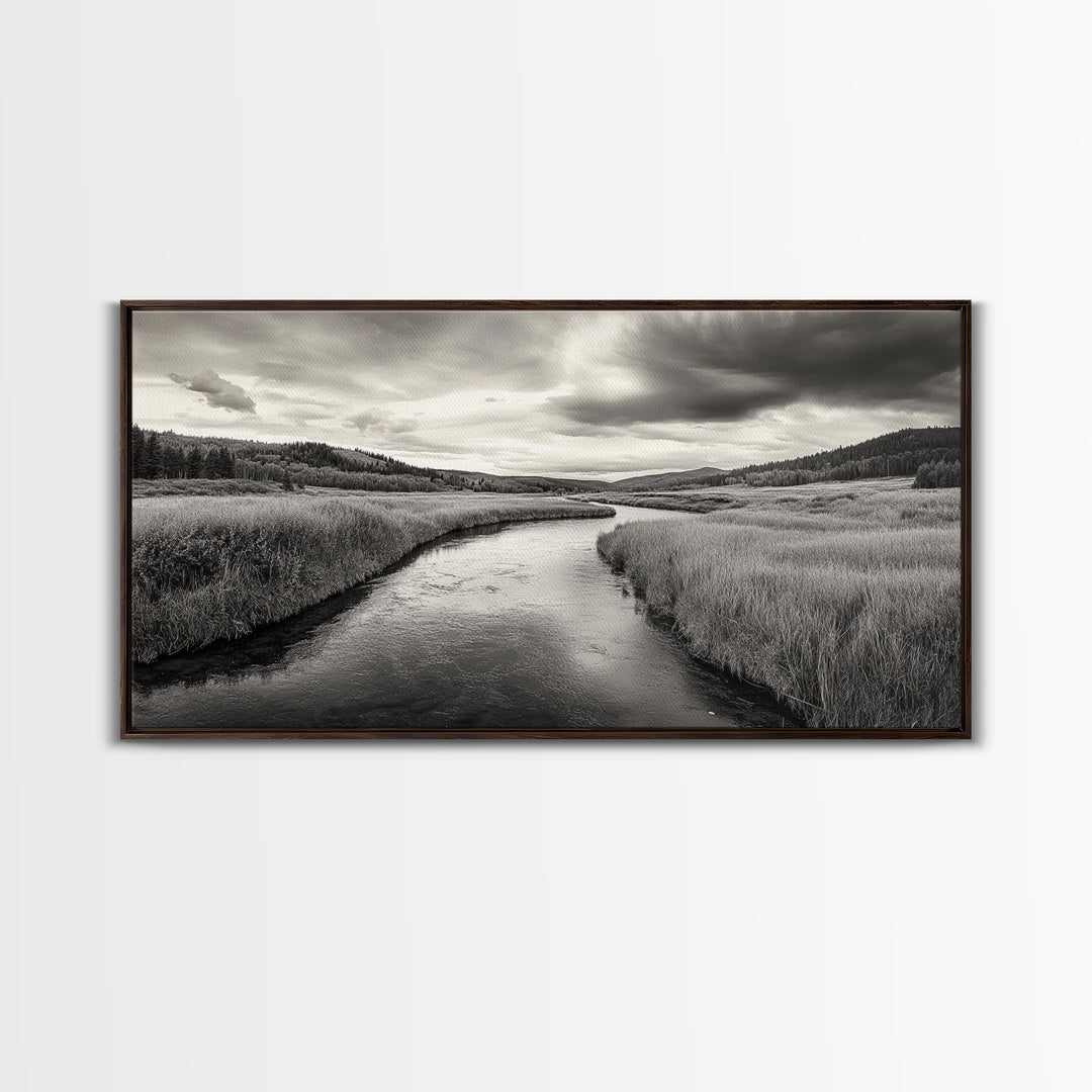 River Valley, Flowing Stream, Grassy Hills, Wilderness Calm, Framed Canvas Print, rustic home decor, Fall art, cabin wall landscape print