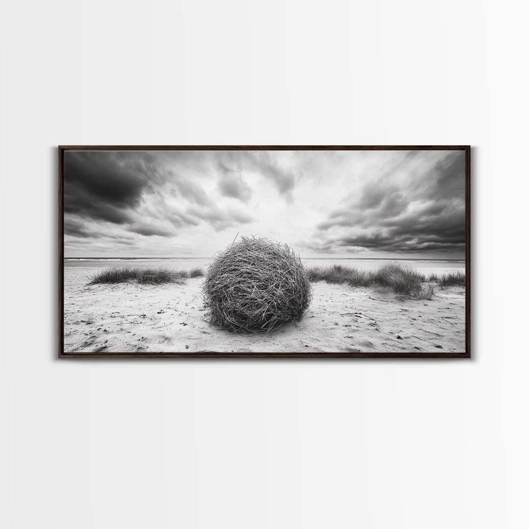 Desert Tumbleweed, Western Landscape, Stormy Sky, Framed Canvas Print, Rustic Farmhouse Wall Art, Fall Decor, Minimalist Western Art