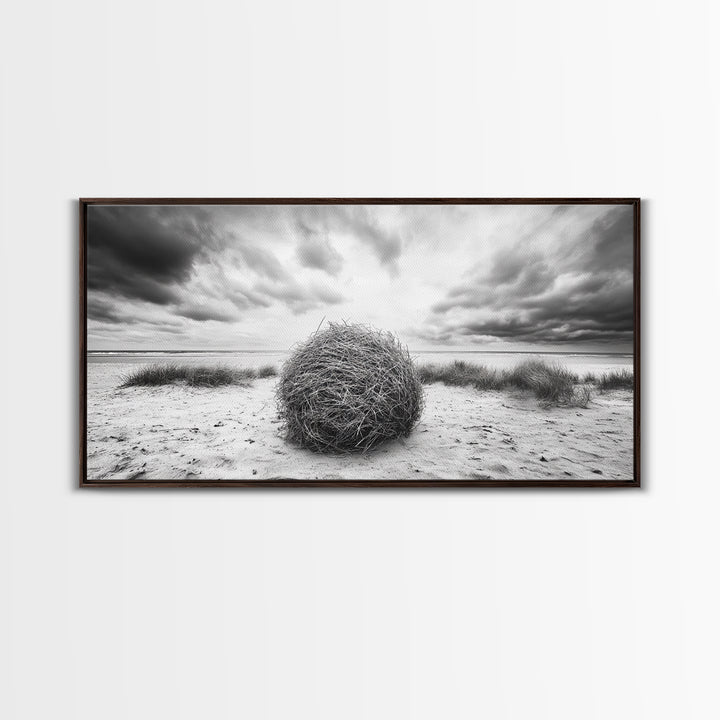 Desert Tumbleweed, Western Landscape, Stormy Sky, Framed Canvas Print, Rustic Farmhouse Wall Art, Fall Decor, Minimalist Western Art