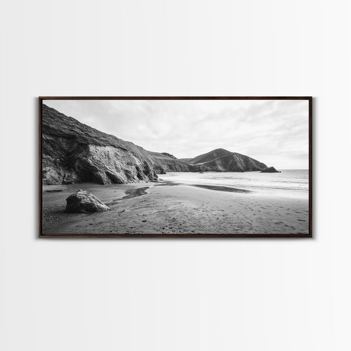 Coastal Cliffs, Ocean Shore, Scenic Beach, Framed Canvas Print, Nature Photography, Bathroom Wall Art, Neutral Tones, Coastal Home Decor