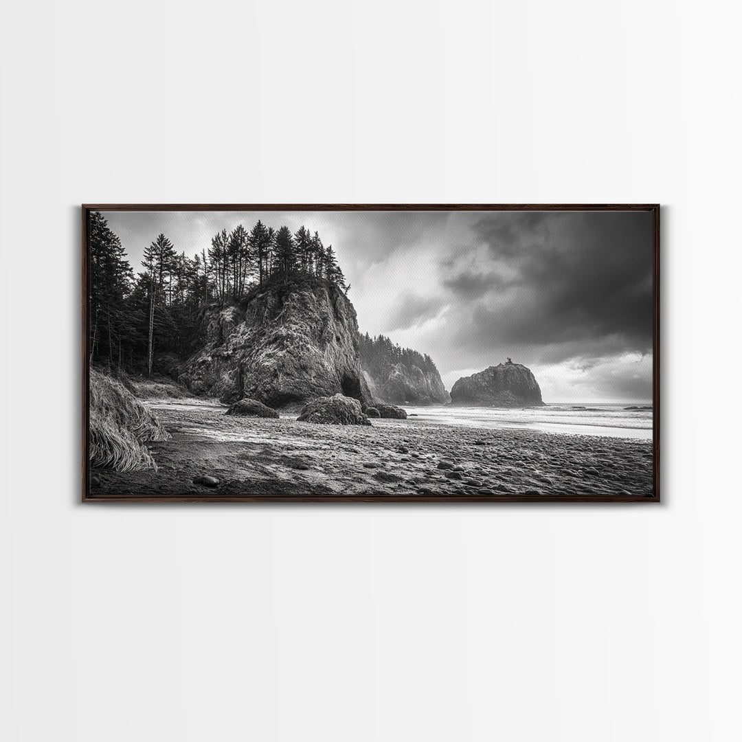 Coastal Rocks, Forest Cliffs, Moody Ocean, Framed Canvas Print, Pacific Northwest Wall Art, Dramatic Seascape, Autumn Nature Photography