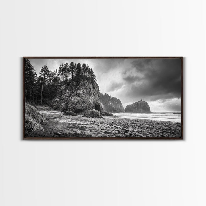 Coastal Rocks, Forest Cliffs, Moody Ocean, Framed Canvas Print, Pacific Northwest Wall Art, Dramatic Seascape, Autumn Nature Photography