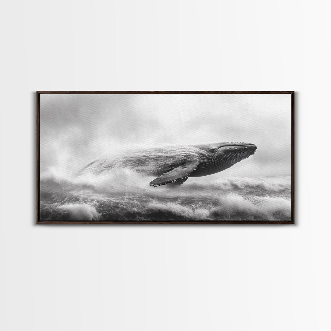Breaching Whale, Ocean Waves, Marine Power, Framed Canvas Print, Nautical Bathroom Wall Art, Whale Watching Theme, Coastal Photography Art