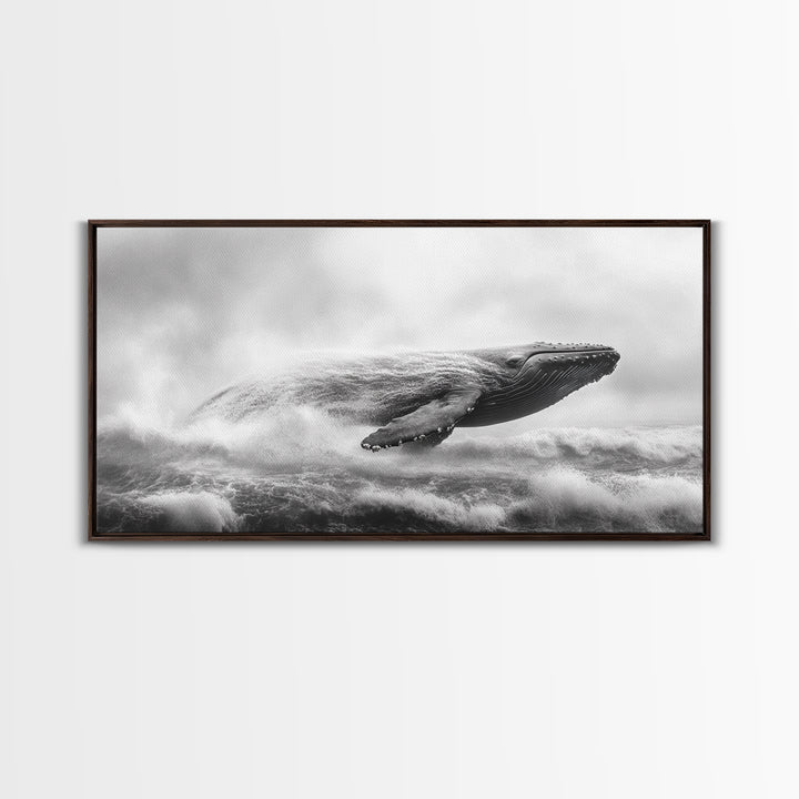Breaching Whale, Ocean Waves, Marine Power, Framed Canvas Print, Nautical Bathroom Wall Art, Whale Watching Theme, Coastal Photography Art