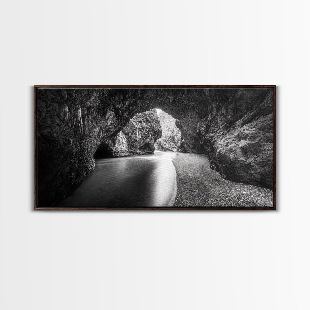 Ocean Cave Flow, Coastal Rock Wall Art, Moody Nature Seascape, Black White Beach Decor, Boho Bathroom Accent, Canvas Print, Monochrome Art