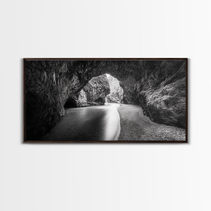 Ocean Cave Flow, Coastal Rock Wall Art, Moody Nature Seascape, Black White Beach Decor, Boho Bathroom Accent, Canvas Print, Monochrome Art