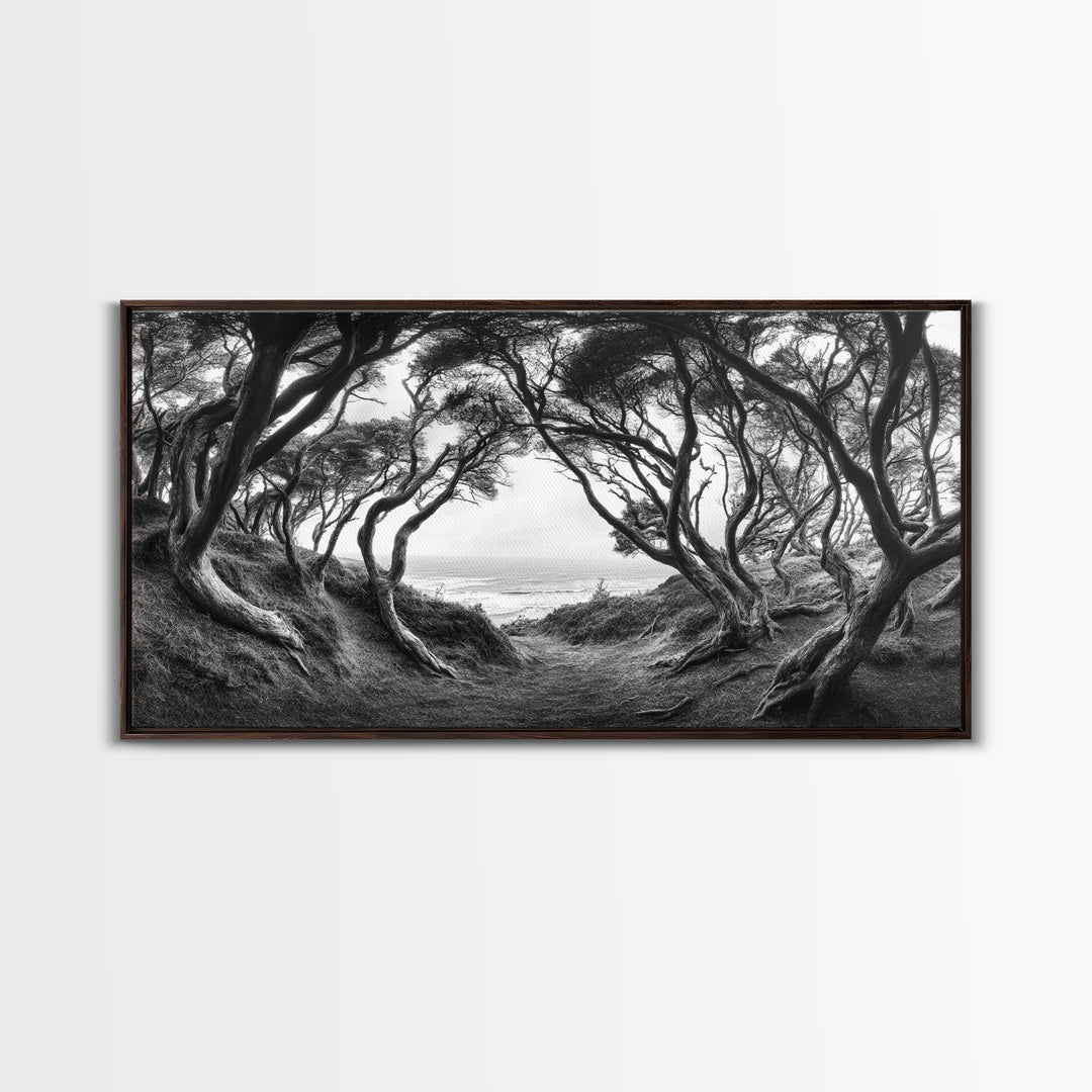 Coastal Trees, Windswept Forest, Ocean View, Framed Canvas Print, Boho Wall Art, Living Room Art, Nature Wall Decor, Monochrome Landscape