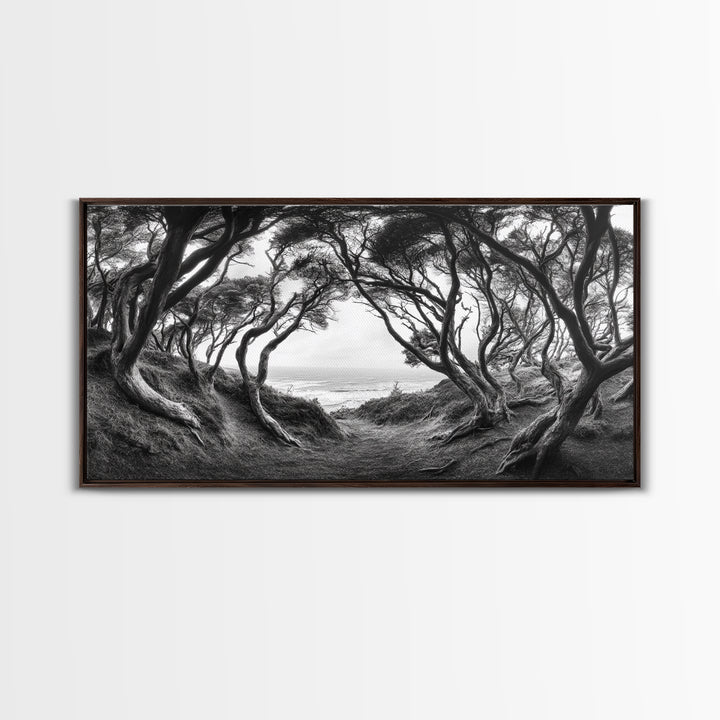 Coastal Trees, Windswept Forest, Ocean View, Framed Canvas Print, Boho Wall Art, Living Room Art, Nature Wall Decor, Monochrome Landscape