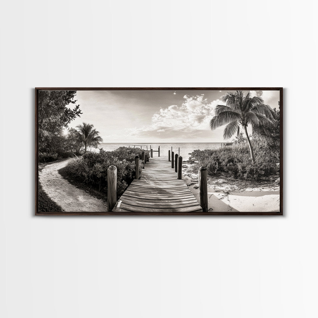 Beach Path, Coastal Dock, Tropical Palms, Canvas Print, Vacation Vibes, Boho Seaside Decor, Bathroom Wall Art, Nautical Island Landscape