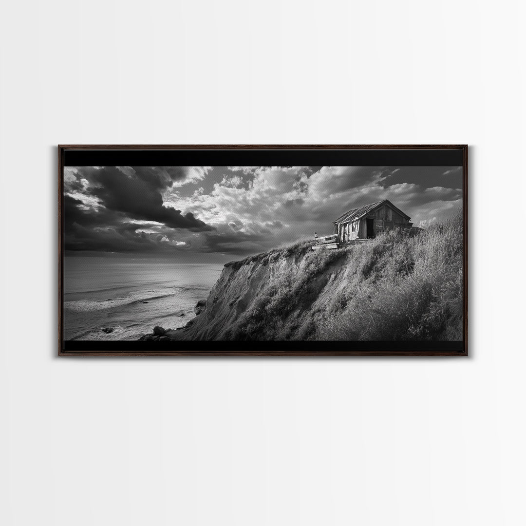 Cliff Cabin, Stormy Coast, Ocean Bluff, Dramatic Skies, Canvas Print, Moody Nature Art, Living Room Accent, Fall Season Decor
