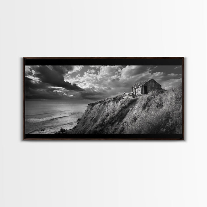 Cliff Cabin, Stormy Coast, Ocean Bluff, Dramatic Skies, Canvas Print, Moody Nature Art, Living Room Accent, Fall Season Decor