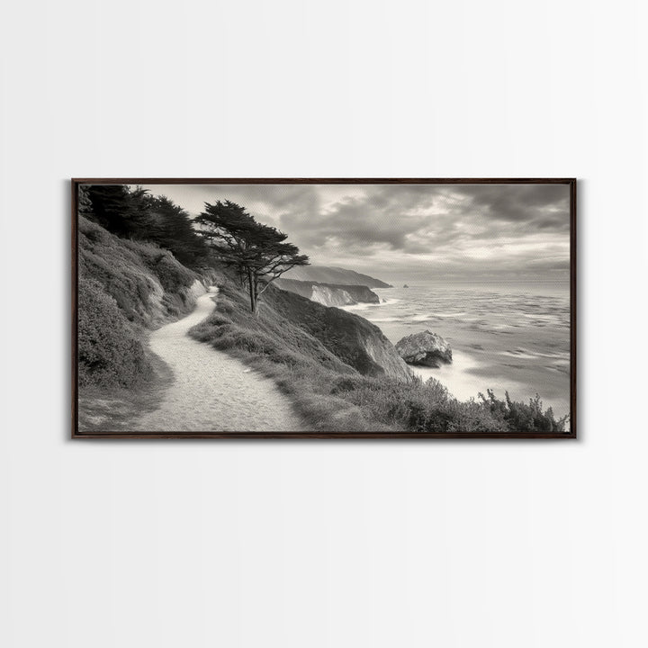 Coastal Path, Nature Trail, Ocean Cliff, Cypress Tree, Framed Canvas Print, Minimalist Wall Art, Living Room Decor, Scenic Landscape