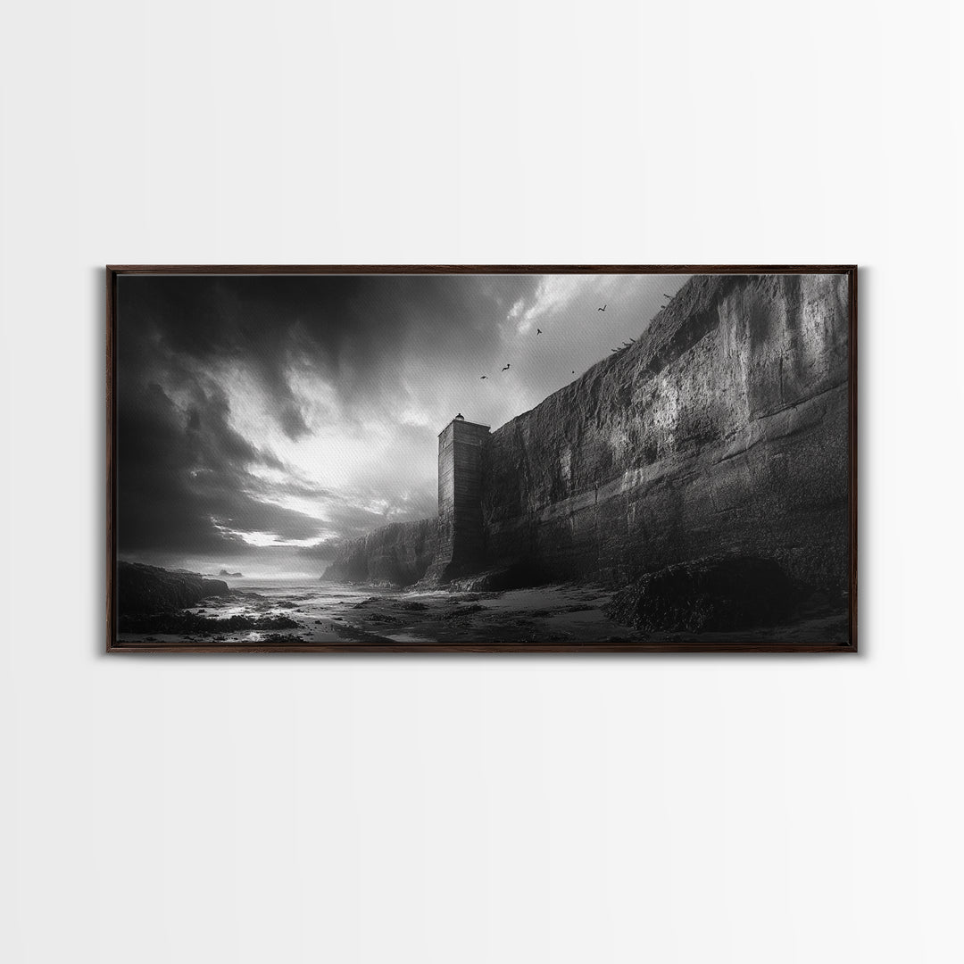 Cliff Lighthouse, Dramatic Sky, Seaside Tower, Ocean Mood, Canvas Print, Gothic Wall Art, Study Decor, Moody Coastal Artwork