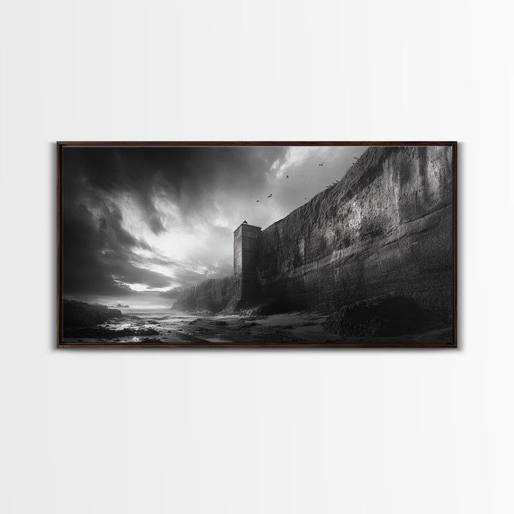 Cliff Lighthouse, Dramatic Sky, Seaside Tower, Ocean Mood, Canvas Print, Gothic Wall Art, Study Decor, Moody Coastal Artwork