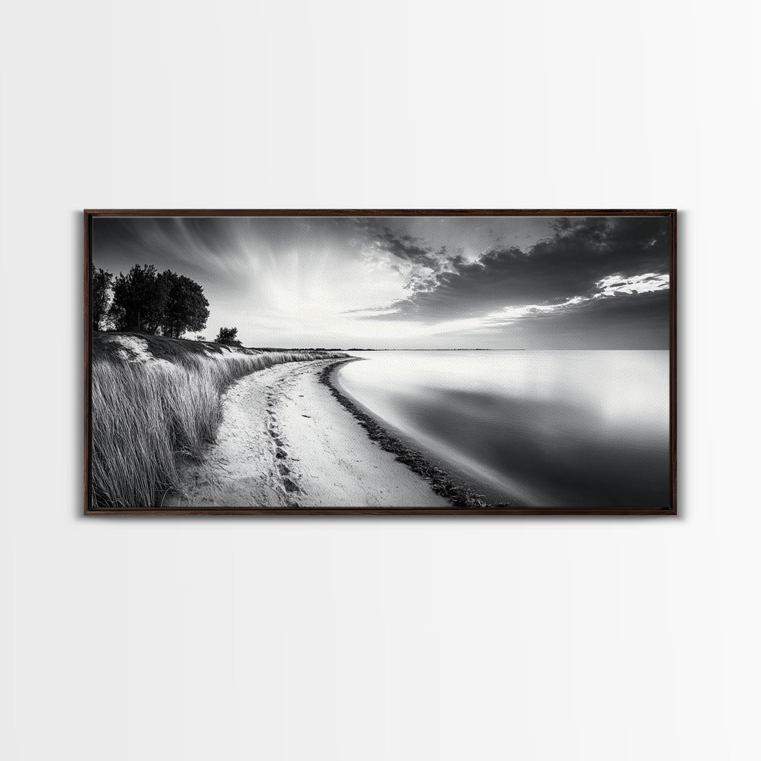 Calm Beach, Grassy Dunes, Serene Shoreline, Peaceful Water, Framed Canvas Print, Minimalist Art, Bedroom Wall Decor, Coastal Calm