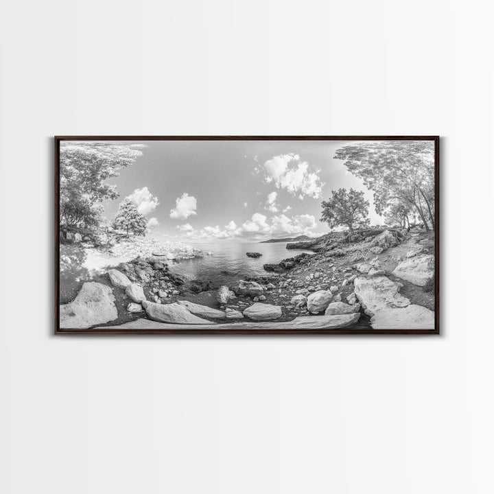 Rocky Cove, Tranquil Bay, Forest Edge, Panoramic Beach, Framed Canvas Print, Nature Art, Bathroom Wall Decor, Earthy Coastal View