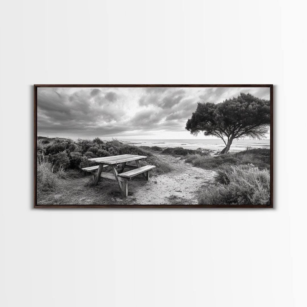 Picnic Table, Ocean Tree, Coastal Path, Windswept Scene, Framed Canvas Print, Rustic Wall Art, Fall Decor, Peaceful Beach Setting