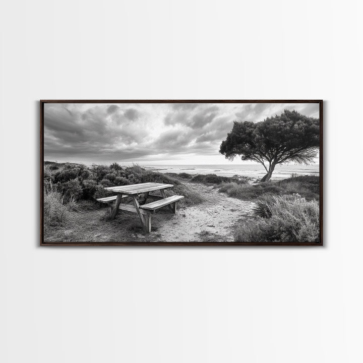 Picnic Table, Ocean Tree, Coastal Path, Windswept Scene, Framed Canvas Print, Rustic Wall Art, Fall Decor, Peaceful Beach Setting
