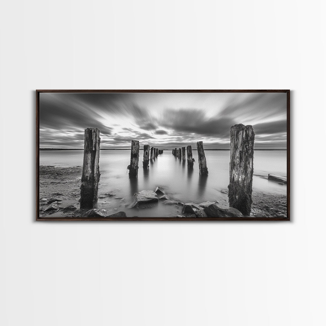 Ocean Pilings, Calm Waters, Cloud Streaks, Sunset Mood, Canvas Print, Minimalist Seascape, Bedroom Wall Art, Serene Beach Decor
