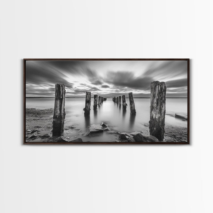 Ocean Pilings, Calm Waters, Cloud Streaks, Sunset Mood, Canvas Print, Minimalist Seascape, Bedroom Wall Art, Serene Beach Decor