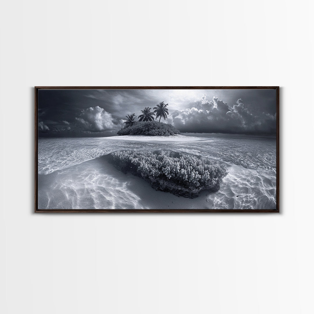 Coral Island, Tropical Ocean, Underwater Reef, Clear Sea, Framed Canvas Print, Beach House Art, Coastal Living Room Decor, Office Wall Decor