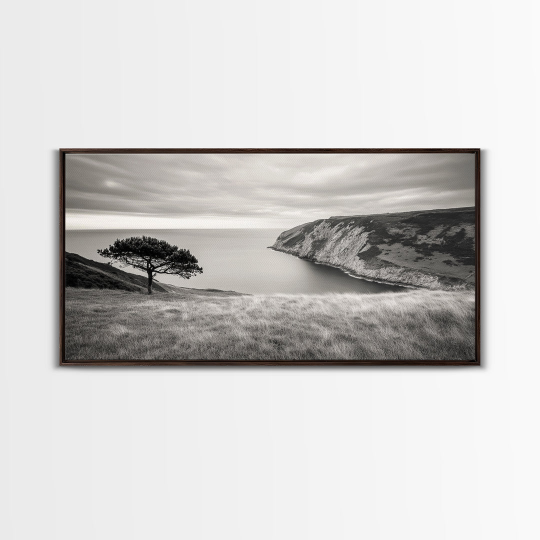 Coastal Cliff View, Solitary Tree Scene, Modern Minimalist Style, Framed Canvas Print, Calm Neutral Wall Art, Living Room Decor