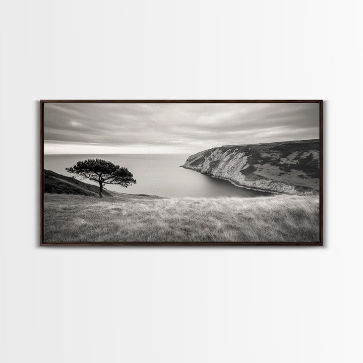 Coastal Cliff View, Solitary Tree Scene, Modern Minimalist Style, Framed Canvas Print, Calm Neutral Wall Art, Living Room Decor