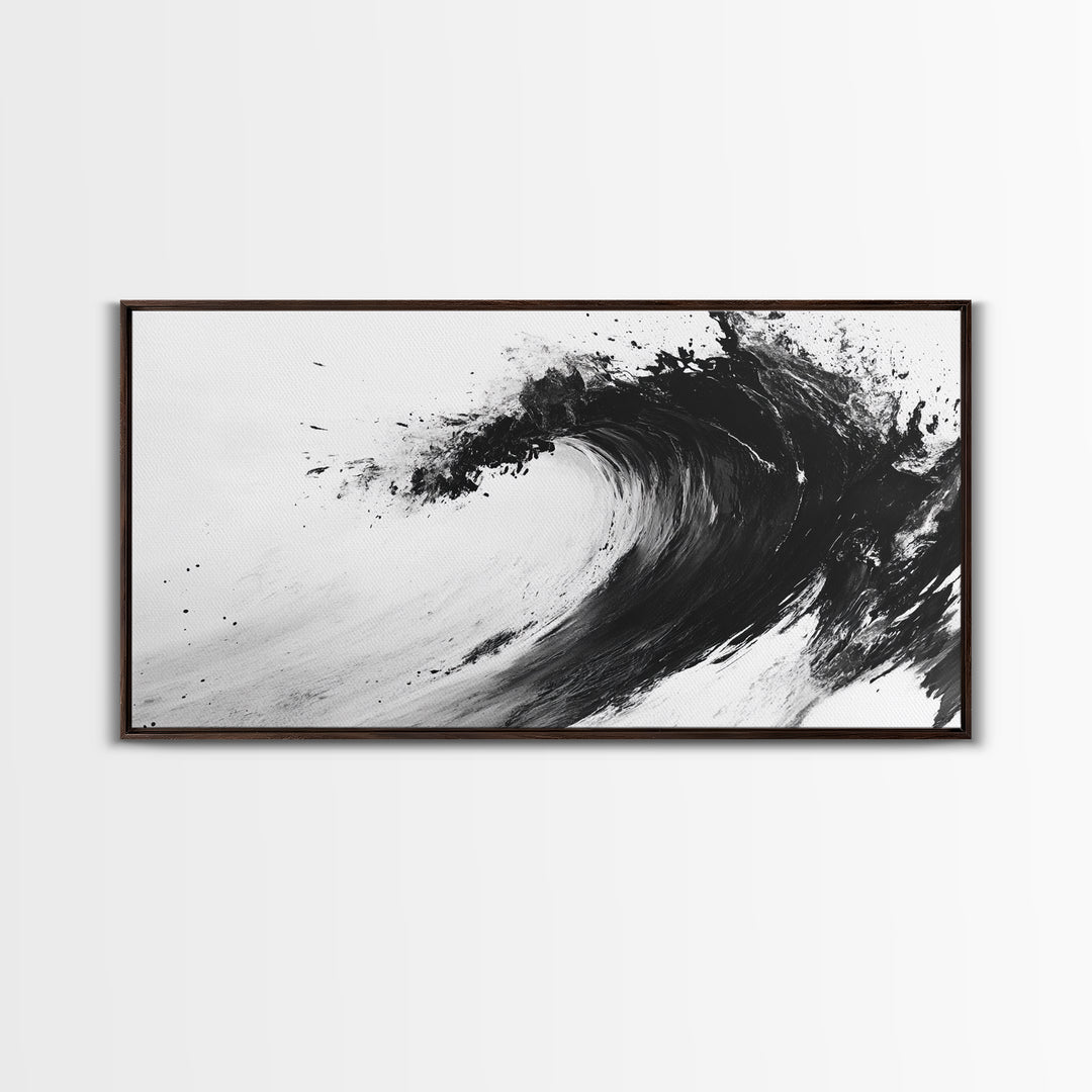 Abstract Wave, Black White, Modern Ink, Ocean Motion, Canvas Print, Minimalist Art, Office Wall Decor, Contemporary Coastal Style