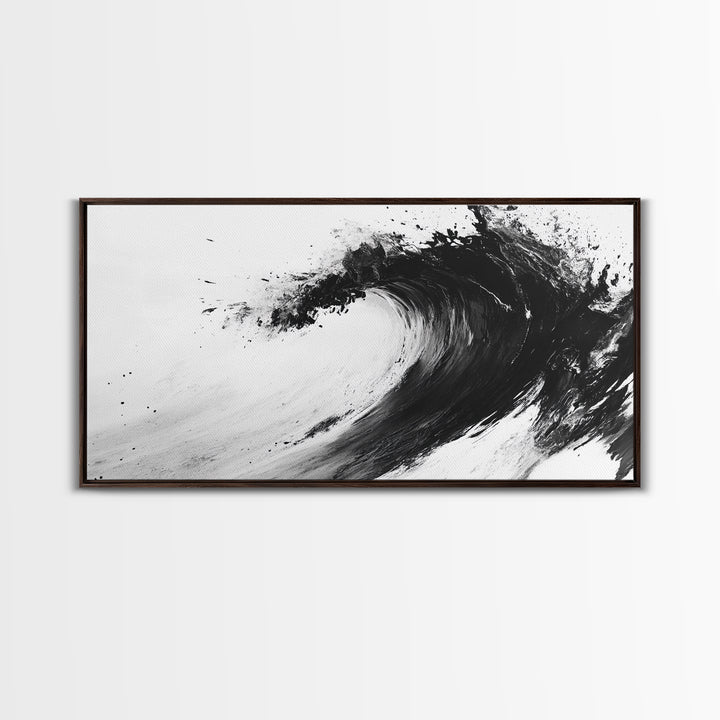 Abstract Wave, Black White, Modern Ink, Ocean Motion, Canvas Print, Minimalist Art, Office Wall Decor, Contemporary Coastal Style