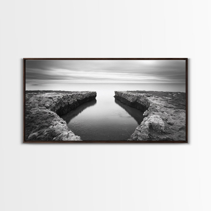 Rocky Inlet, Ocean View, Symmetry Nature, Coastal Zen, Canvas Print, Minimalist Bathroom Art, Tranquil Bedroom Wall Decor, Entryway Accent