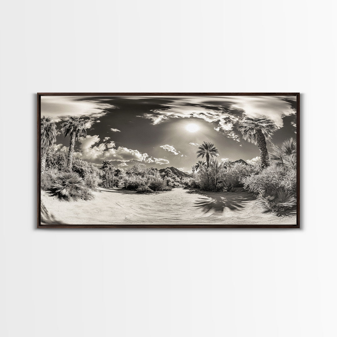 Desert Oasis, Palm Landscape, Nature Panorama, Framed Canvas Print, Tropical Wall Art, Living Room Decor, Boho Aesthetic, Sunlit Scene