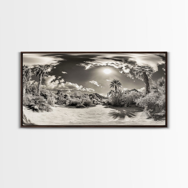 Desert Oasis, Palm Landscape, Nature Panorama, Framed Canvas Print, Tropical Wall Art, Living Room Decor, Boho Aesthetic, Sunlit Scene