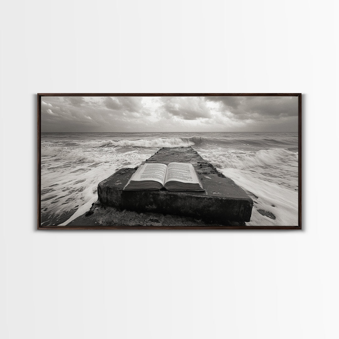 Ocean and Book, Moody Literary Print, Surreal Seascape Art, Framed Canvas Print, Library or Reading Nook Wall Decor, Dark Academia