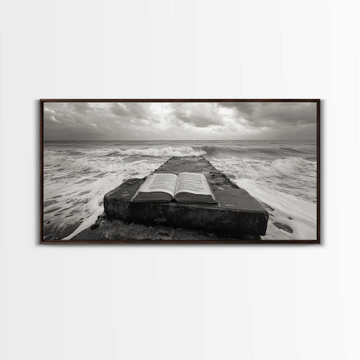 Ocean and Book, Moody Literary Print, Surreal Seascape Art, Framed Canvas Print, Library or Reading Nook Wall Decor, Dark Academia
