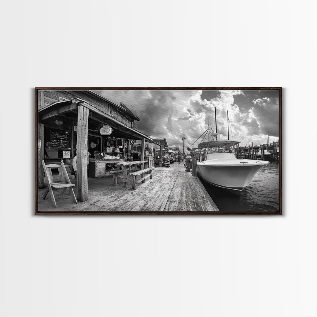 Dockside Market, Nautical Vibes, Fishing Village, Framed Canvas Print, Coastal Kitchen Art, Rustic Decor, Oceanfront Life Scene