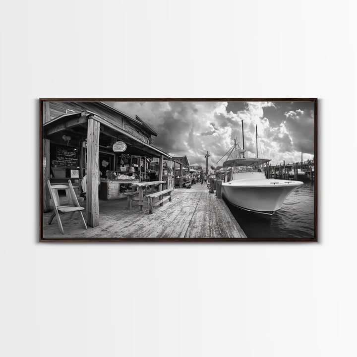 Dockside Market, Nautical Vibes, Fishing Village, Framed Canvas Print, Coastal Kitchen Art, Rustic Decor, Oceanfront Life Scene