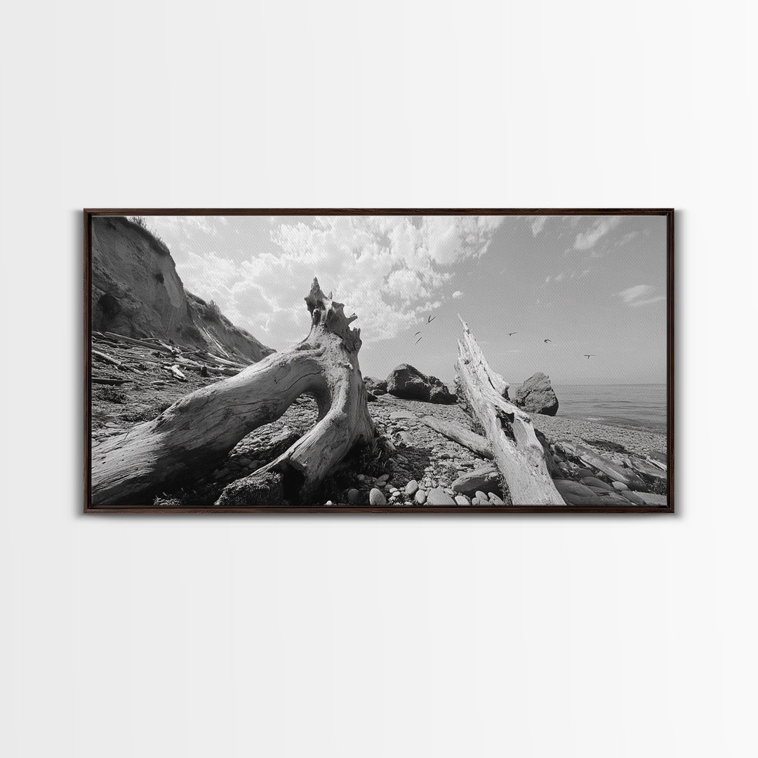 Coastal Driftwood, Beach Landscape, Pebble Shore Scene, Natural Decor Accent, Canvas Print, Relaxed Vibe, Entryway or Den Wall Art