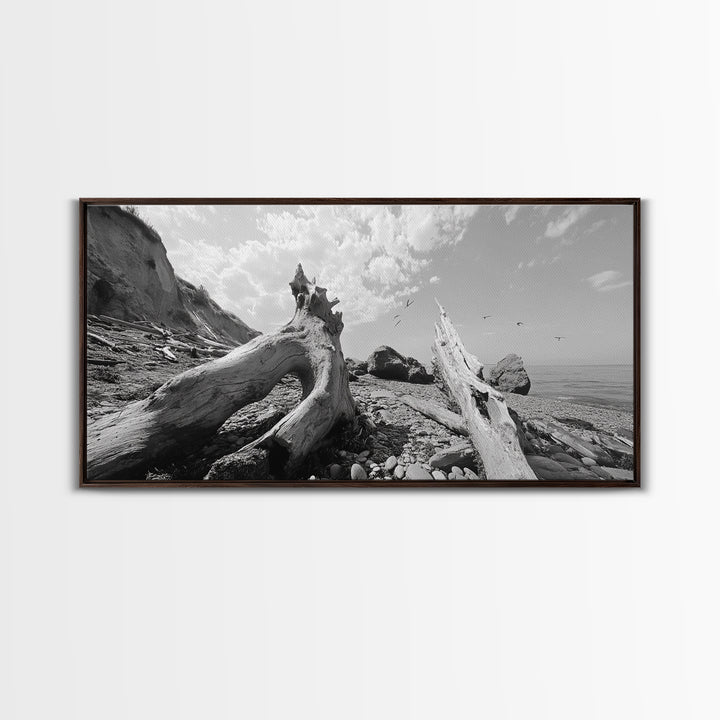 Coastal Driftwood, Beach Landscape, Pebble Shore Scene, Natural Decor Accent, Canvas Print, Relaxed Vibe, Entryway or Den Wall Art