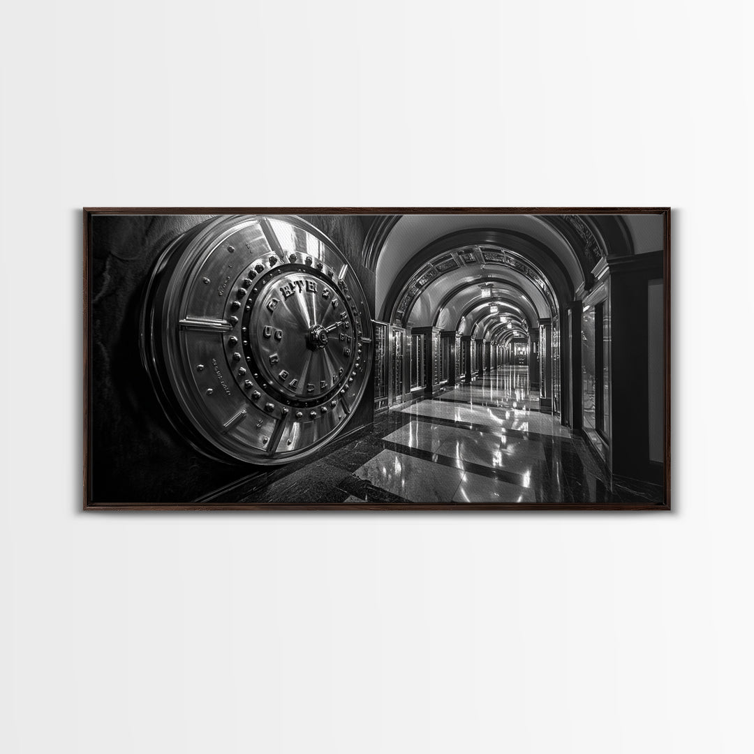 Bank Vault Door, Industrial Urban Decor, Luxury Office Art, Framed Canvas Print, Black and Silver Wall Art, Masculine Home Style