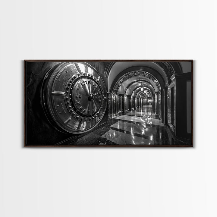 Bank Vault Door, Industrial Urban Decor, Luxury Office Art, Framed Canvas Print, Black and Silver Wall Art, Masculine Home Style